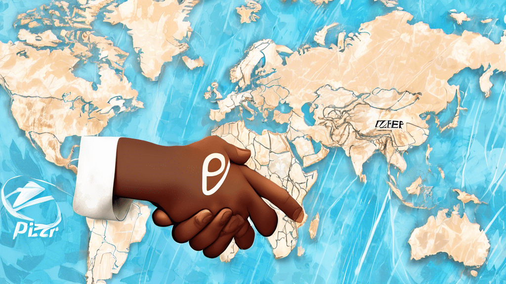 Digital painting of a handshake between a Pfizer logo and a Publicis logo with a global map in the background, symbolizing a new partnership.