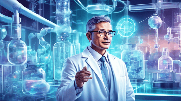 Detailed digital illustration of Coya Therapeutics CEO confidently discussing innovative treatment pipeline with a futuristic, high-tech lab background, showcasing various stages of drug development and research.
