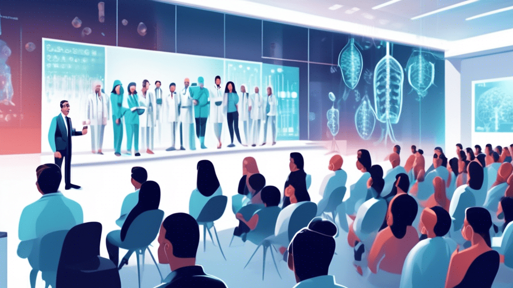 An illustration of a confident CEO presenting the promising results of the Coya 302 trial for ALS treatment to an audience of medical professionals and researchers, with a backdrop of futuristic biotechnology labs and hopeful ALS patients watching.
