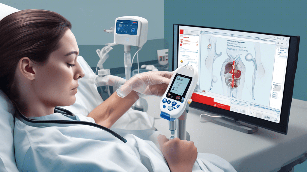 A digital illustration of a medical professional using Abbott’s i-STAT TBI Whole Blood Rapid Test on a patient at bedside in a hospital room, with a visible indication of approval and a clear focus on the revolutionary device.