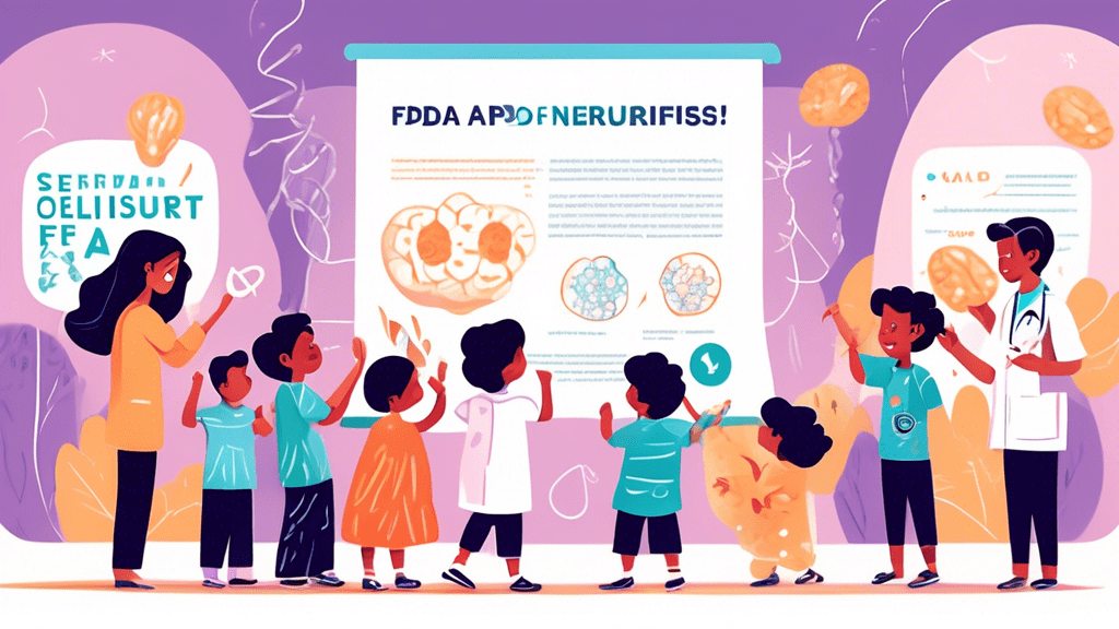 A team of pediatric neurologists happily unveiling Libervant medication to a group of children aged 2 to 5, with a background of cheerful parents and a banner that reads 'FDA Approved for Seizure Clusters Treatment'