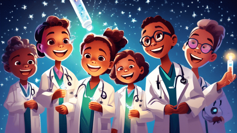 A team of pediatric doctors joyfully presenting a vial of Lutathera under a spotlight, with a background of animated gastroenteropancreatic neuroendocrine tumors turning into stars, symbolizing hope and healing for pediatric patients.