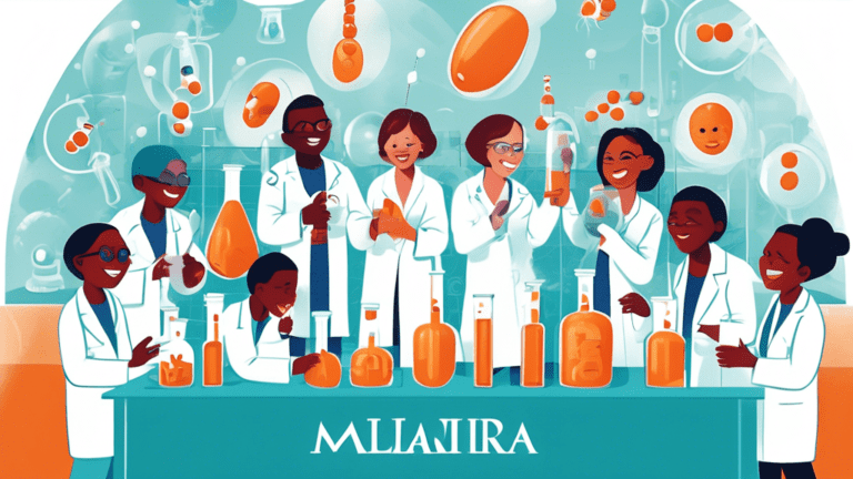 An illustrated scene of scientists from Novartis and Medicines for Malaria Venture celebrating in a laboratory, surrounded by images of the Coartem medication and a smiling infant symbolizing recovery from malaria.