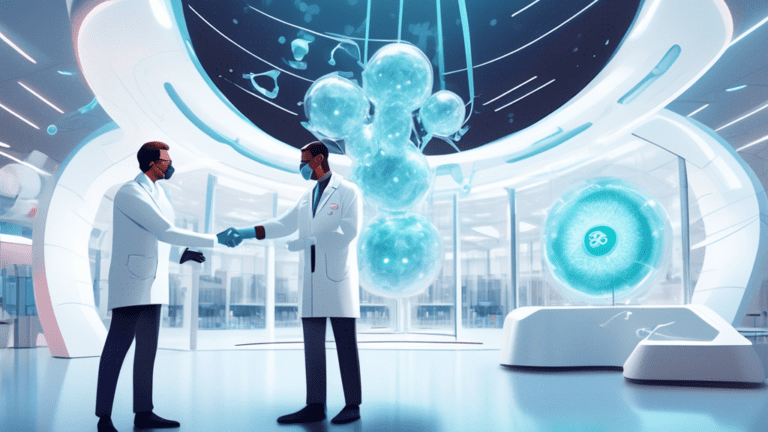 An illustration of two scientists in lab coats shaking hands in front of a large, futuristic laboratory, with a 3D model of a bispecific antibody floating between them, symbolizing the partnership between Invenra and Astellas.