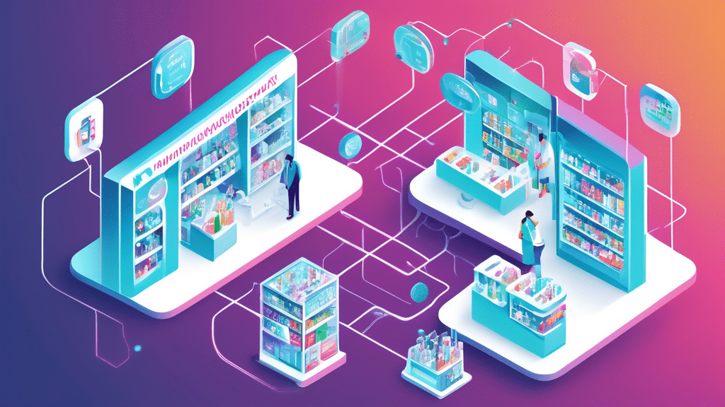 An illustrated depiction of a futuristic, interconnected pharmacy network with diverse channels like online, mobile app, and physical store fronts, titled 'Mishe's Omnichannel Pharmacy Network Innovation'.