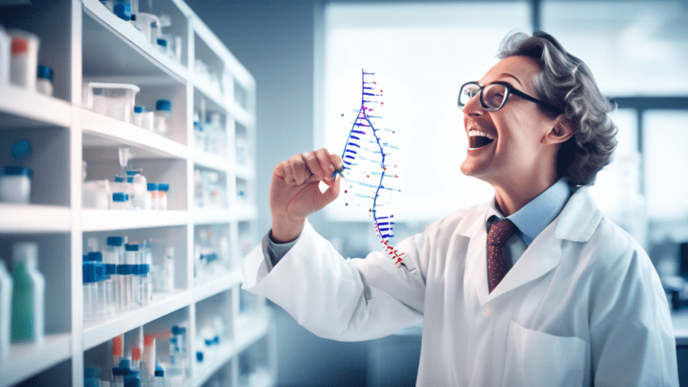 A scientist excitedly revealing a graph with positive data from Moderna's mRNA-3927 Phase I/II clinical trial for Propionic Acidemia, in a modern research laboratory setting.