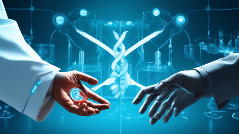 Digital art of a handshake between two corporate figures, with symbols of Novartis and Arvinas logos in the background, overlaying a futuristic laboratory working on prostate cancer treatment.