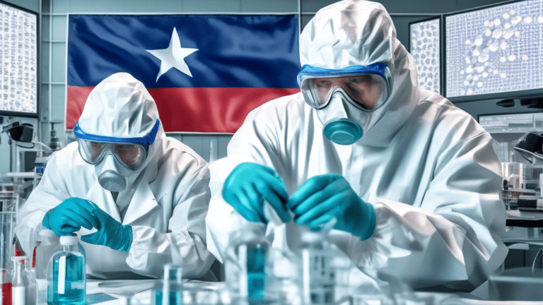 Scientists in a high-tech laboratory wearing protective equipment and working together to develop a bird flu vaccine, with a detailed illustration of the H5N1 virus structure in the background and a Texas flag subtly incorporated.