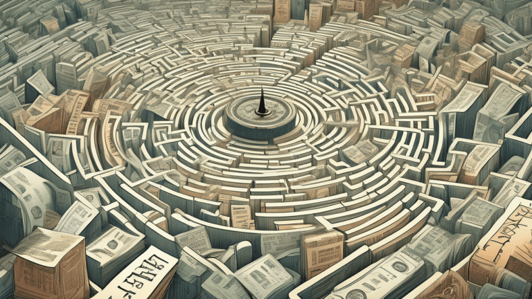 An intricate digital illustration visualizing a maze made of swirling financial documents, tax forms, and calculators, with a navigational compass overlaid, highlighting the complexities of the IRA landscape.