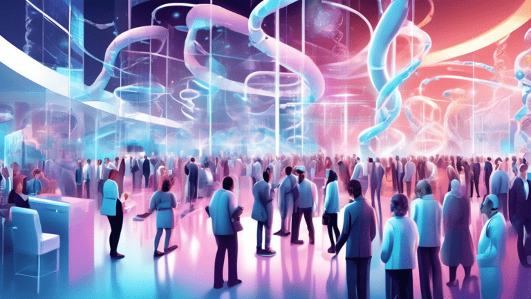 Digital illustration of a bustling futuristic biotech summit, showcasing innovation in pharmaceuticals and biotechnology, with diverse scientists and entrepreneurs networking, surrounded by holographic displays of DNA structures, futuristic medical devices, and interactive virtual reality presentations on groundbreaking research, set in a sleek, modern conference center.