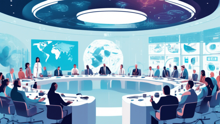 An illustrated conference scene visualizing the US Pharma and Biotech Summit 2024, featuring a diverse group of experts gathered around a large, futuristic, round table, with digital screens displaying innovative health policy strategies and election results in the background, set in a sleek, modern conference hall.