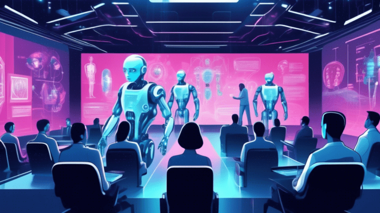 A dynamic conference room scene with AI and biotech professionals gathered for the US Pharma and Biotech Summit 2024, featuring an interactive presentation on 'Artificial Intelligence and Machine Learning Through the Eyes of the FDA Part II' showcased on a large digital screen, with AI-driven robots and holographic medical innovations in the background.