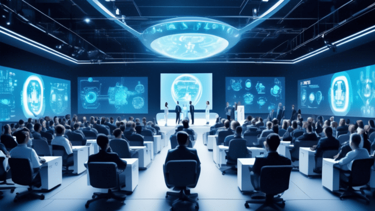 A futuristic conference hall filled with industry leaders, showcasing a panel discussion on Artificial Intelligence and Machine Learning in pharmaceuticals, with the FDA logo prominently displayed on a digital screen in the background, and robots interacting with professionals in the foreground.