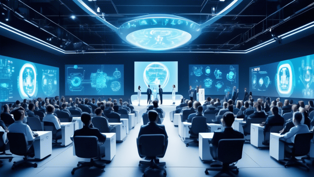 A futuristic conference hall filled with industry leaders, showcasing a panel discussion on Artificial Intelligence and Machine Learning in pharmaceuticals, with the FDA logo prominently displayed on a digital screen in the background, and robots interacting with professionals in the foreground.