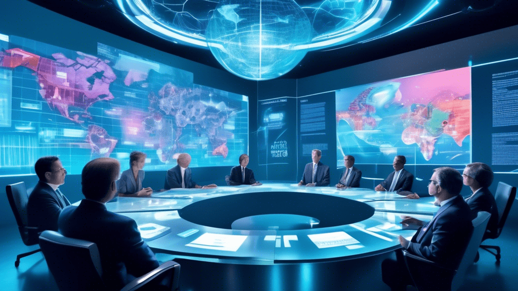 A futuristic summit conference room with US pharma and biotech leaders discussing strategy around a holographic projection of the 2024 presidential election map, with futuristic medical devices and biotech innovations displayed in the background.