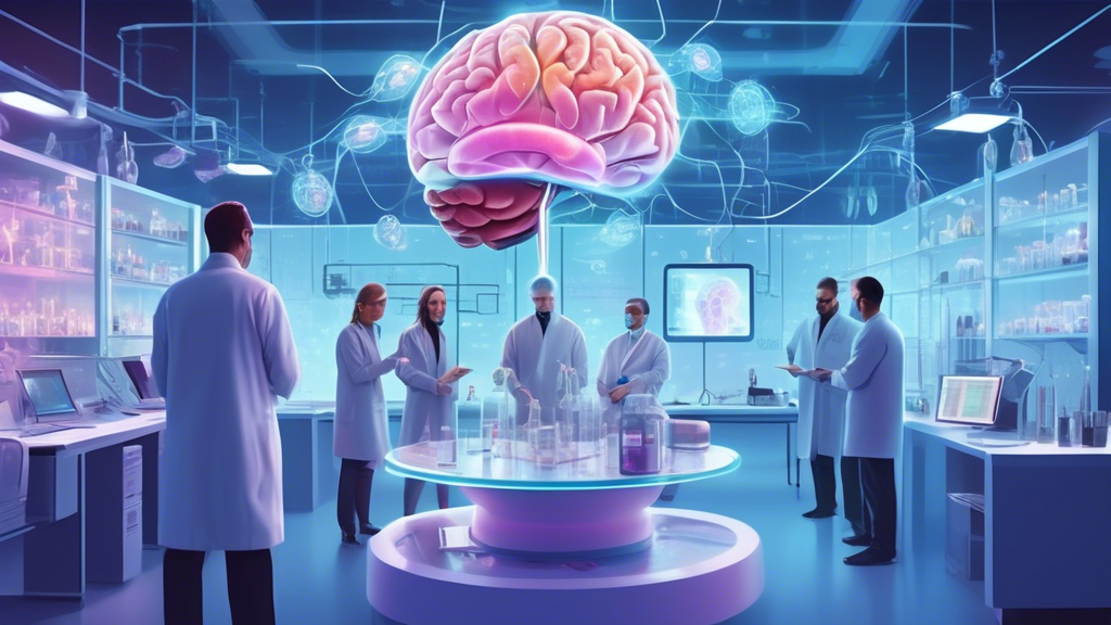 A futuristic laboratory with scientists from AbbVie and Gilgamesh Pharmaceuticals collaborating around a holographic brain displaying advanced therapies for psychiatric disorders.