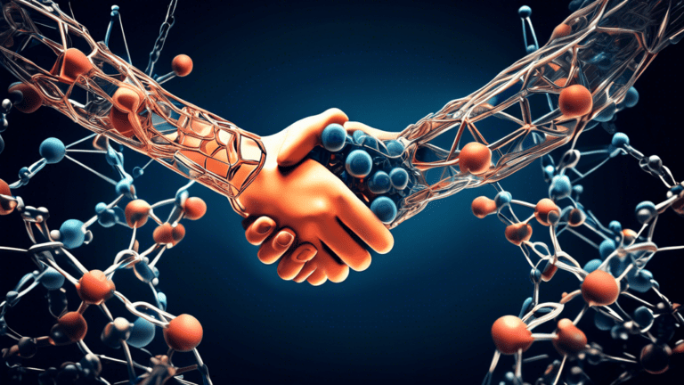 An artistic representation of a handshake between two abstract figures representing Degron Therapeutics and Takeda over a background of molecular structures and chains symbolizing the development of molecule degraders for medical treatments.