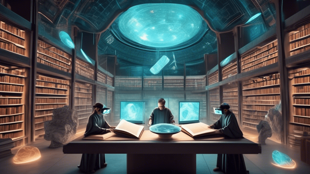 A futuristic library with books and digital screens floating among researchers using advanced virtual reality equipment to study ancient texts.