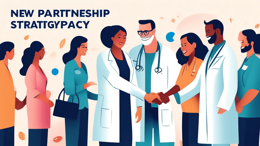 Diverse group of independent pharmacists shaking hands with Express Scripts representatives under a banner reading 'New Partnership Strategy' with a background of a vibrant community pharmacy.