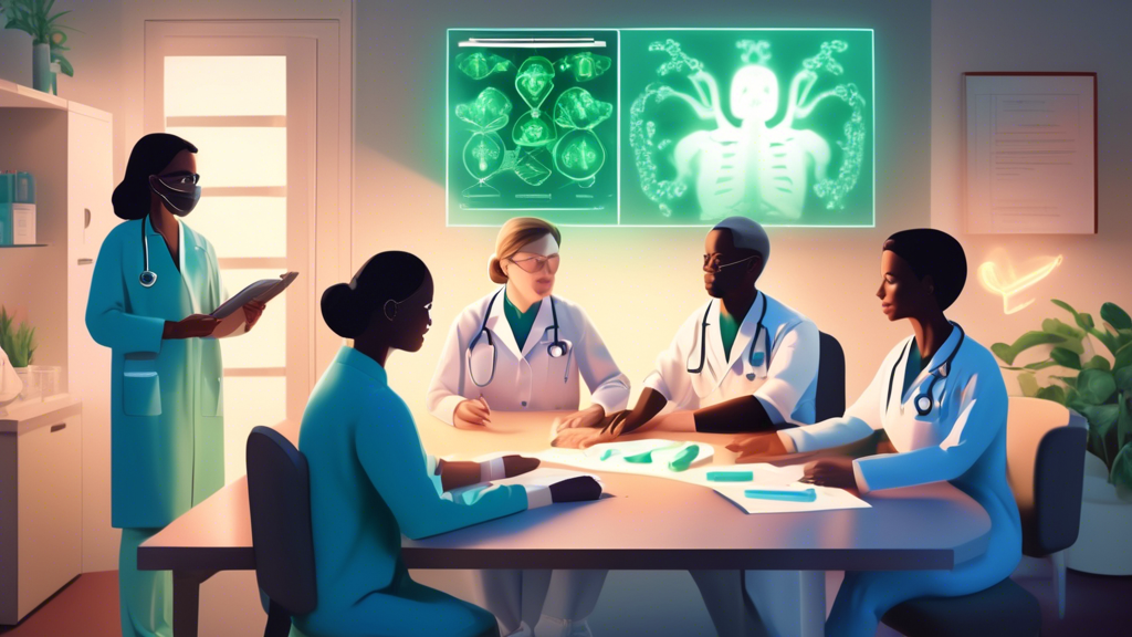 An illustration of a medical team discussing the benefits of a new Keytruda combination therapy for a patient with advanced malignant pleural mesothelioma, with the FDA logo in the background and a glowing, hopeful light emanating from the treatment plan on the table.