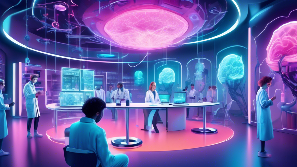 A futuristic laboratory with scientists unveiling Onyda XR, a once-daily, extended-release oral suspension for ADHD treatment, surrounded by holograms of the brain and time-release graphics.