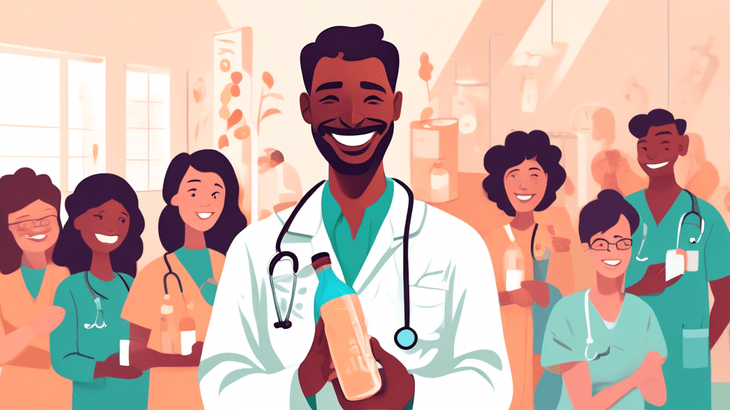 Illustration of a smiling doctor holding a bottle of Myhibbin oral suspension with organ transplant recipients in the background, showcasing a hopeful and positive atmosphere, with soft, soothing colors.