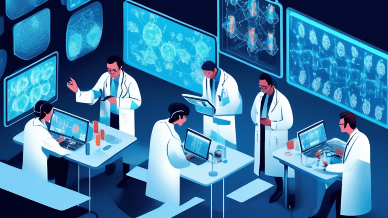 A futuristic laboratory scene illustrating a team of scientists analyzing data and celebrating the FDA approval for Phase III trial of LAE002 and LAE001 combination treatment for prostate cancer, with digital screens displaying molecular structures and trial protocol documents on the table.