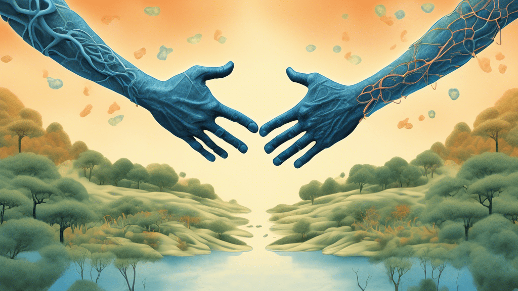 An artistic representation of the merger between Johnson & Johnson and Numab, symbolized by two entities shaking hands made of intertwined antibodies, set against the backdrop of a serene landscape healing from atopic dermatitis.