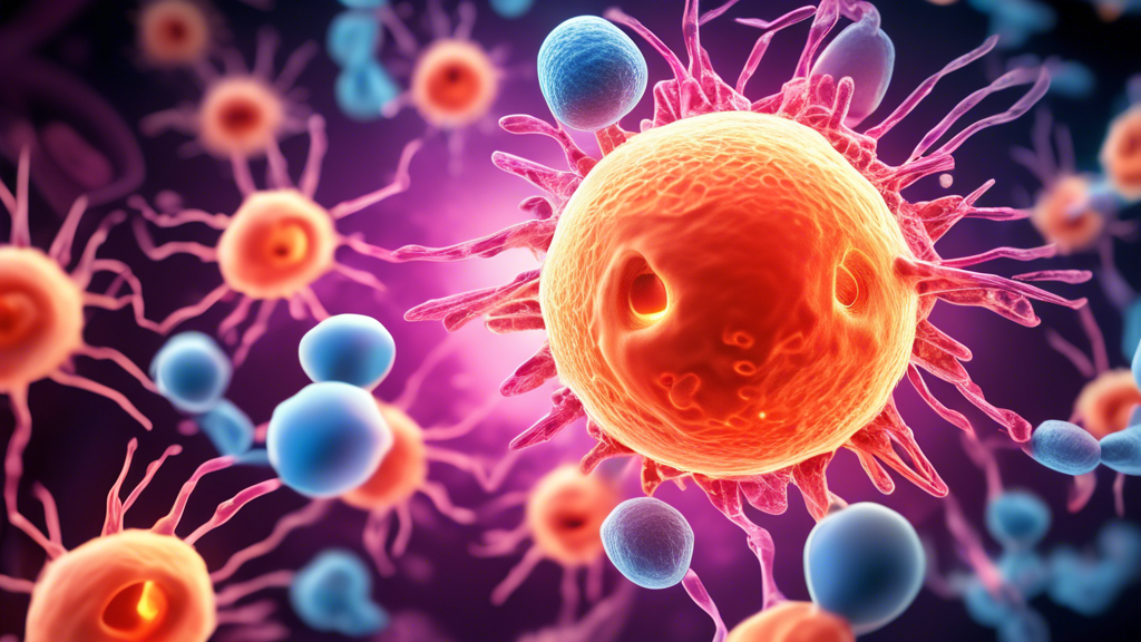 An illustrated digital poster showcasing a magnified view of a human cell being targeted by Scemblix medication, with a background of glowing Philadelphia Chromosome-positive Chronic Myeloid Leukemia symbols transitioning to a healthy cell state, emphasizing major molecular response improvement.