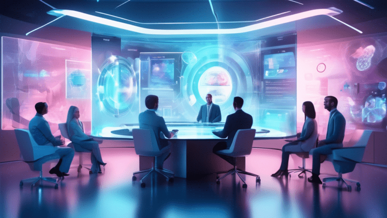 A futuristic conference room with marketing professionals gathered around a holographic display showcasing an innovative pharmaceutical campaign, integrating cutting-edge digital and traditional messaging strategies for 2024.