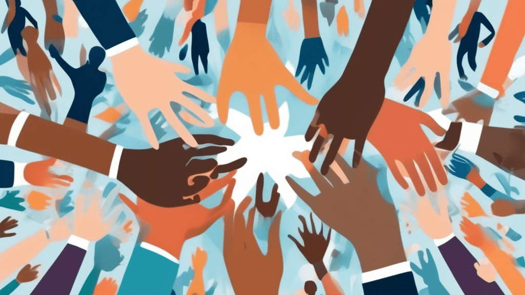 An artistic representation of diverse people coming together, hands joined in unity, with a backdrop of Walgreens and Boehringer Ingelheim logos, symbolizing their collaboration on enhancing clinical trial diversity.