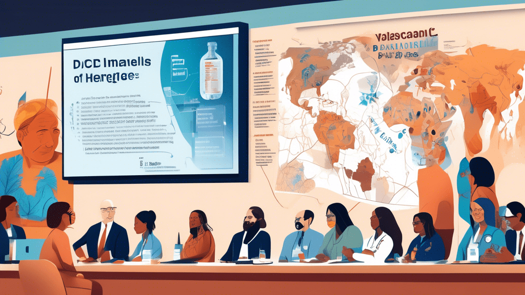 An informative and vibrant digital illustration showing a diverse panel of experts from the CDC’s Advisory Committee in discussion, with a large, visible display in the background showcasing the Vaxelis vaccine bottle. The foreground should feature a map of the United States highlighted with Alaska and American Indian territories, and illustrations of protected and healthy infants of American Indian and Alaska Native heritage, surrounded by symbolic representations of Hemophilus influenzae type B bacteria being shielded away.
