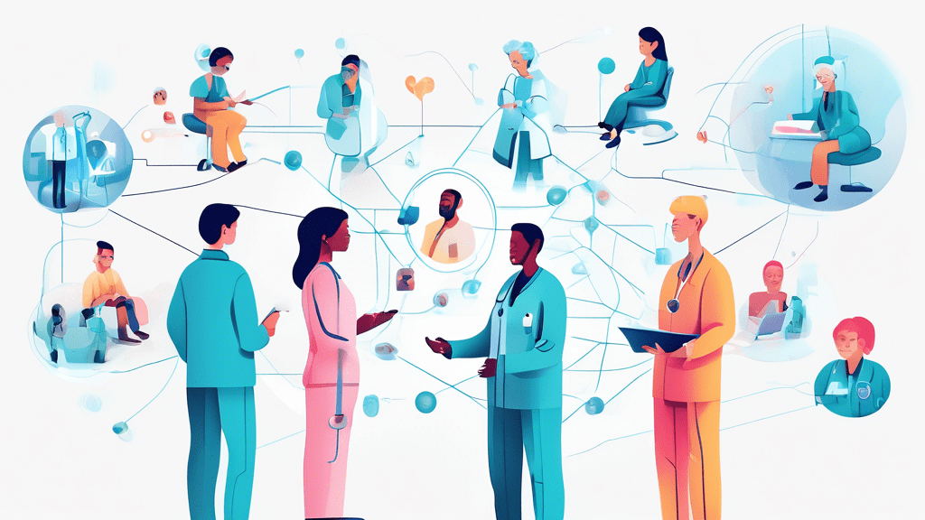 An illustration of interconnected healthcare professionals and patients within the futuristic Veradigm Network ecosystem, showcasing improved patient outcomes and efficiencies in value-based care.