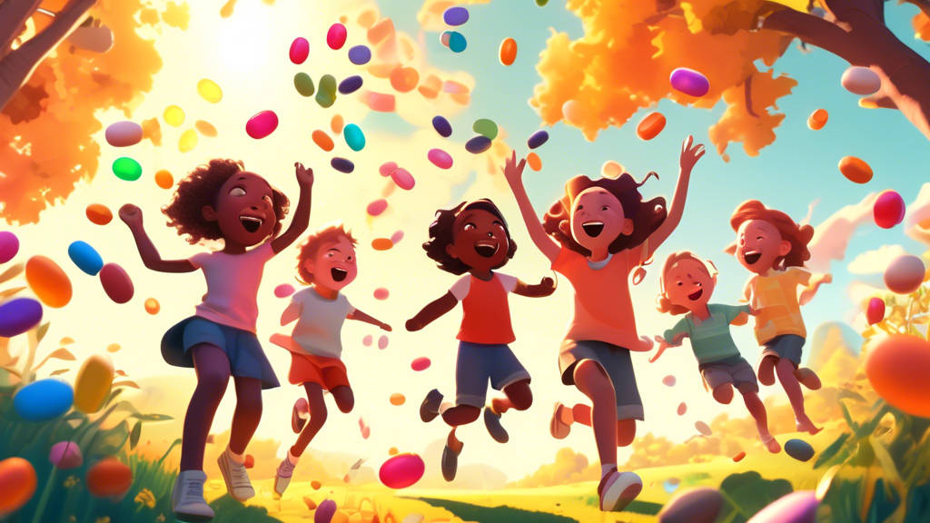 An imaginative animation-style illustration showcasing a group of energetic children joyfully playing outdoors in the sunlight, symbolizing newfound wakefulness, with colorful pills labeled 'Wakix' gently floating down from a clear sky like leaves, while a subtle emblem of the FDA approval seal gleams in the corner.