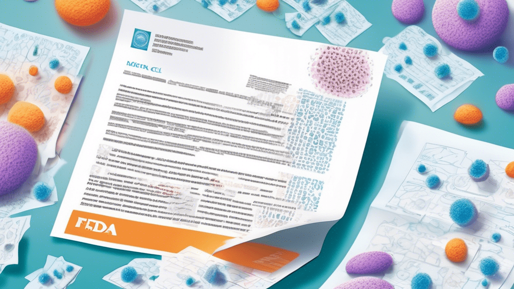An illustrated concept of a detailed letter with the FDA logo at the top, resting on a desk surrounded by research documents and microscopic images of EGFR-mutated non-small cell lung cancer cells, with a background of Merck and Daiichi Sankyo logos partially visible.