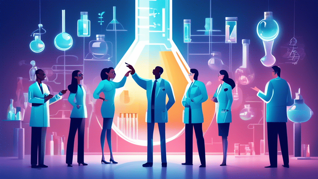 An illustration of a diverse group of professionals standing in front of a futuristic biopharma laboratory, with the leader pointing towards a glowing, innovative medicine vial, symbolizing progress and guidance through change.