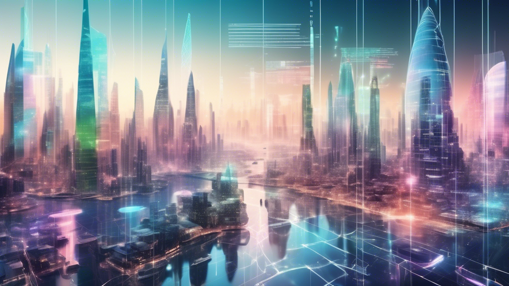 An artistic visualization of futuristic cityscapes with holographic data charts overlayed, showcasing the evolution of society's trends from the present into the future.