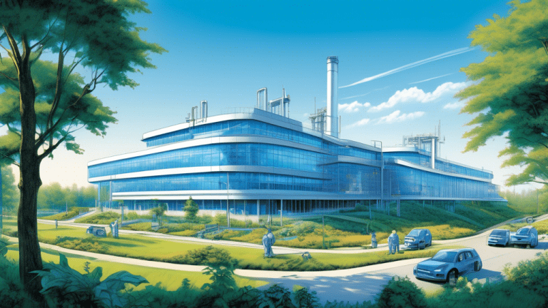 Detailed illustration of a futuristic Novo Nordisk pharmaceutical manufacturing plant sprawling across a lush American landscape, with construction crews actively expanding the facility under a bright blue sky.