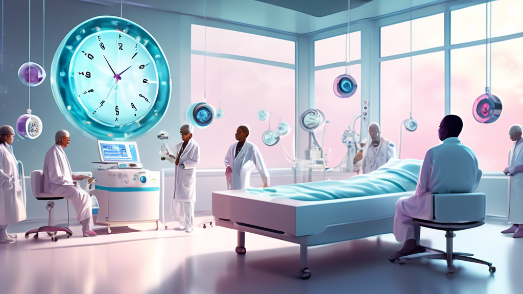 Digital illustration of a serene scientific breakthrough moment representing Sarclisa infusion in progress, with symbolic imagery of clocks or hourglasses turning backwards and multiple myeloma cells diminishing in the background, highlighting improved progression-free survival for patients. Include a diverse group of hopeful patients watching the process around a futuristic medical device in a bright, modern treatment room setting.