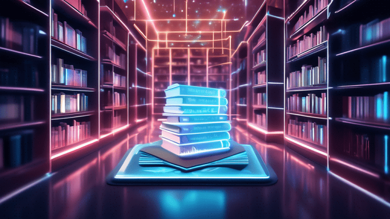 An illustration of a futuristic digital library with glowing books and holographic data charts, symbolizing registries of real-world evidence (RWE) being used to meet regulatory standards in healthcare.