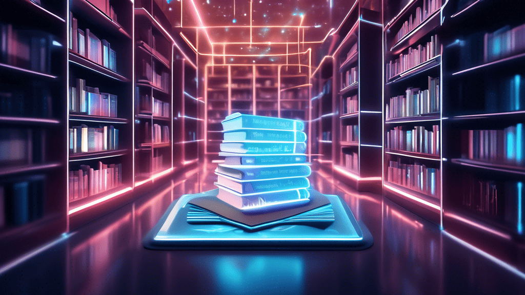 An illustration of a futuristic digital library with glowing books and holographic data charts, symbolizing registries of real-world evidence (RWE) being used to meet regulatory standards in healthcare.
