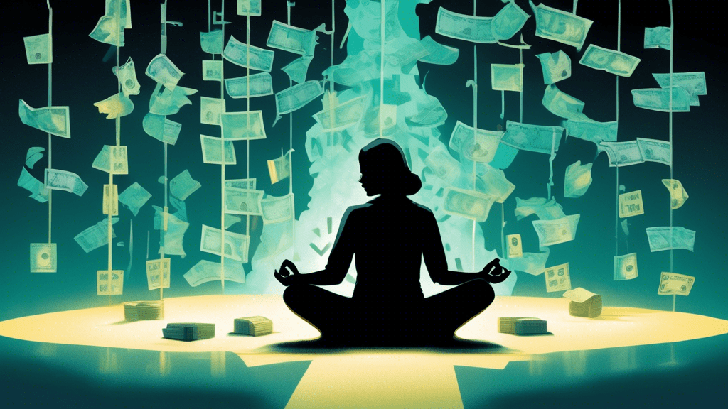 A thought-provoking illustration showing a person cross-legged on the floor, surrounded by medical bills, looking longingly at a distant, glowing silhouette of a therapist through a symbolic barrier made of dollar signs, reflecting the theme of financial barriers to mental health care in the United States.