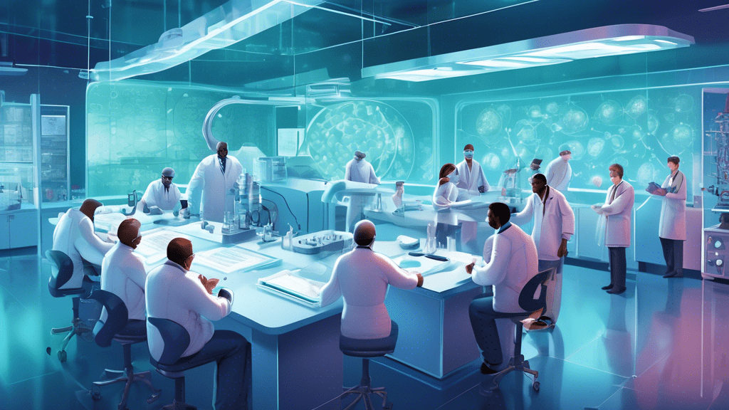 An illustrated scene showing a team of scientists in a futuristic lab joyously discovering a breakthrough treatment for acute myeloid leukemia, with the FDA Fast Track Designation certificate displayed prominently in the foreground.