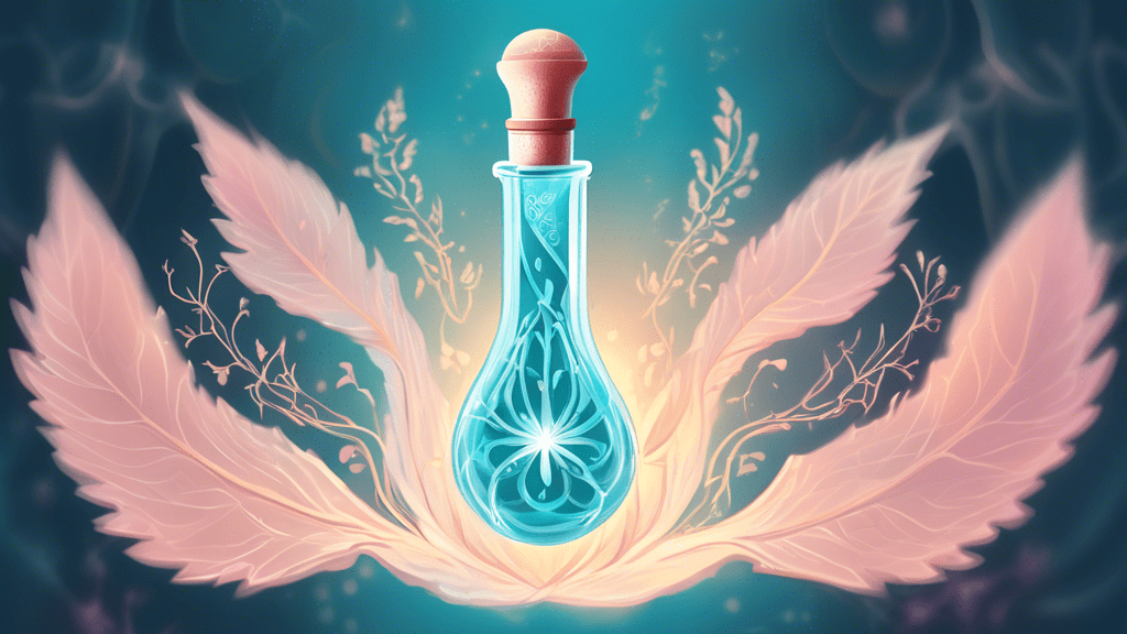 An impactful illustration showing a symbolic vial of Shorla Oncology's Tepylute with graceful elements representing breast and ovarian cancer treatment, encased in a hopeful, healing light.