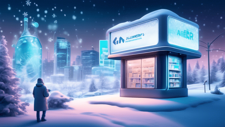 A futuristic pharmacy covered in snow illustrating the impact of cold weather on asthma, next to a glowing billboard advertising the new FDA approved Alzheimer's drug, symbolizing a breakthrough in treatment, surrounded by a cityscape indicating progress in medical science.