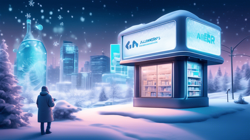 A futuristic pharmacy covered in snow illustrating the impact of cold weather on asthma, next to a glowing billboard advertising the new FDA approved Alzheimer's drug, symbolizing a breakthrough in treatment, surrounded by a cityscape indicating progress in medical science.