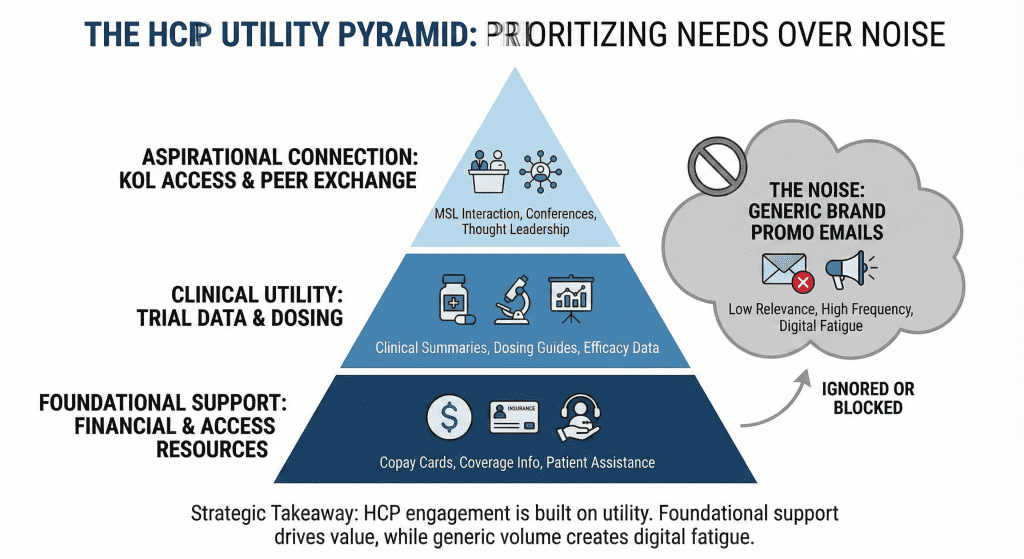 Infographic depicting the hierarchy of HCP engagement needs, prioritizing clinical trial data and financial support over generic promotional emails.